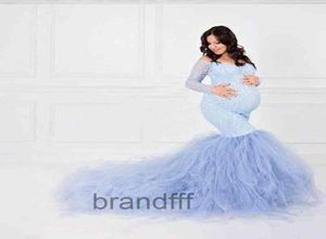 Sexy spitzen schulterfreie Schwangerschaftskleiderbohrung POGRAY Langarm Mesh Mutterschaft Maxi Kleider für Po Shooting Schwangerschaft