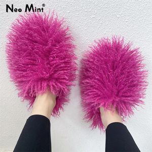 Sweet Kawaii Candy Furry Mules Women Home Slides Luxury Fluffy Faux Fur Flip Flops Female Y2k Street Fashion Girls Plush Slipper 240509