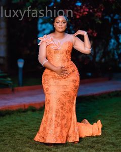 Aso Ebi 2024 Orange Florals Mermaid Prom Dresses Sheer Neck Sequined Evening Party Formal Second Reception Birthday Enagement Thanksgiving Dress Gowns LF063