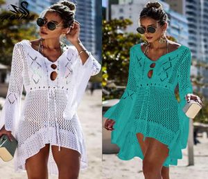 2019 New Summer Dress Crochet White Knitted Beach Cover Up Dress Tunic Long Pareos Bikinis Cover ups Swim Cover up Robe Plage Beac1521755