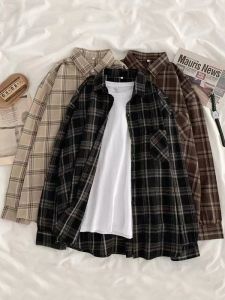 JMPRS Vintage Women Shirts Plaid Shirts Autumn Long Oversize Button Up Tops corean Casual Fall Outwear Shirts Femme