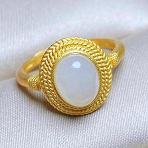 Ringos de cluster Jade branca natural 925 anel de prata esterlina Mulheres finas jóias finas nefrite genuíno hetiano jades dourado ajustável