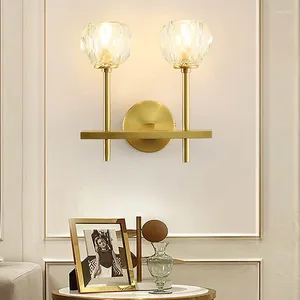 Wall Lamp Crystal Sconce Brass Mounted Light Fixture With Globe Lampshade Bedside Lighting For Bedroom Hallway Living Room Gold