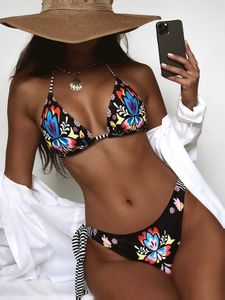 Boho stil kvinnor tryck halter laceup bikini set kvinnlig baddräkt backless push up badkläder baddräkt strandkläder 2 st 240520