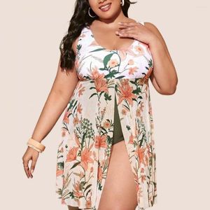 Menas de banho feminina Menokini Monokini Swimsuit Plus Size Plant Print Piece Swimsuits Swimsheck Ruffle bainha sem mangas para barriga