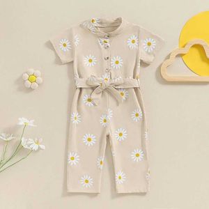 Jumpsuits Summer Kids Baby Girls Overall Casual Daisy Print Short sleeved Belt Jumpsuit Fashion Childrens Clothing Y240520EDMI