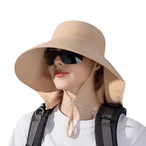 Womens Ponytail Hats Long Wide Brim Fisherman Caps Summer UV Neck Protection Sun Bucket Female Outdoor Beach Cap 240515