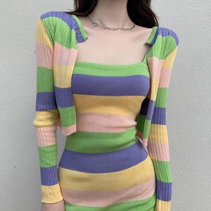 Work Dresses Y2k Spring Set Women 2 Pieces O Neck Long Sleeve Open Stitch Top Suit Contrast Color Stripe Patchwork Hip Package Dress Outfits
