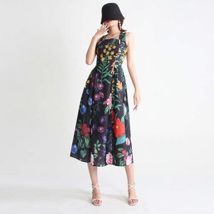 Zweier Style Casual Kleider Sommer Lose Kleid für Frauen quadratische Kragen ärmellose Hochtaille Print Colorblock Midi weibliche Kleidung 764