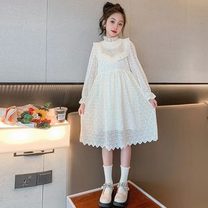 2024 Summer White Lace Girls Mesh Pearl Dress Children Long Sleeve Clothes Princess Layered Dresses Teens 4 8 12 14 Year 240517