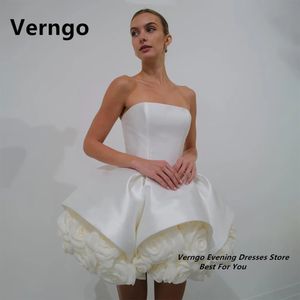 Verngo Shoulderless Zipper Short Ball Dress Bone 3D Flower Wedding Party Dress Satin Mini Evening Dress Special Event 240518