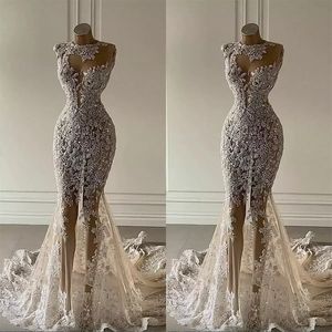 Crystal Mermaid Wedding Dresses See Through Lace Appliqued Bridal Clows Sequined Dubai Wedding Dress Anpassad