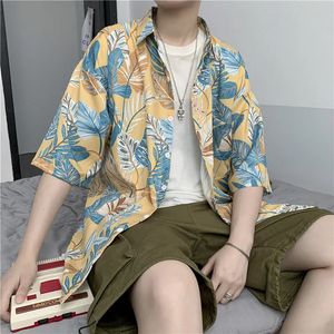 Summer Streetwear Men Leaf Print Beach Praia Camisa de manga curta Harajuku Hawaii Férias Quick Dry Aloha Tops Tropical Camisetas 240520