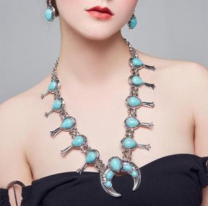 Turquoise Squash Blossom Metal Statement Necklace Earrings Jewelry Set for Women Vintage Elegant Necklace fit for Party Christmas 2188755