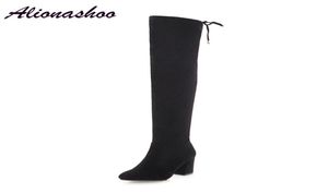 Alionashoo Высококачественный плюс большой размер 3448 Черно розовый высокий каблук сексуальный на колене, осенняя зимняя женщина, ботинки6296153