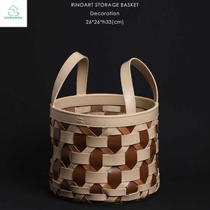 Nordic handmade woven color blocking top layer saddle leather camping basket bag dirty clothes basket storage basket buy vegetable bag vegetable basket 240520