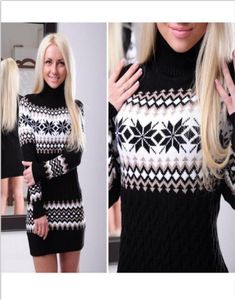 2020 new design european fashion women039s turtleneck long sleeve snowflake print knitted bodycon slim waist sweater dress plus7114336