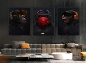 ヘッドフォンキャンバスのある猿を考えている3つのパネル油絵の壁アート面白い動物ポスタープリントリビングルームの壁写真hom3249680