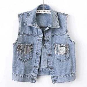 Modedesign paljetter denim väst sommaren höst kvinnor midja koreansk leeveless denim jeans jacka kvinnlig väst toppar 240520