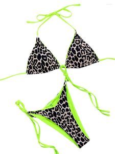 Women's Swimwear Women Sexy Bikini Set 2 Pieces Swimsuits Leopard Tie-Up Halter Neck Padded Bra Thong Bottoms Triangle Beach Bathing Suit