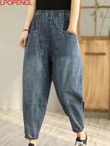 Jeans femminile 2024 retrò primavera femminile in denim elastico tasche a vita elastico pantaloni harem larghi di grandi dimensioni