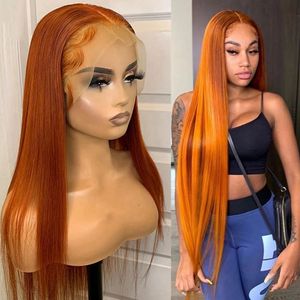 13x4 brasiliansk ingefära orange spets fram peruker för svart kvinna lång mjuk naturlig rak syntetisk hår peruk värmebeständig cosplay /fest
