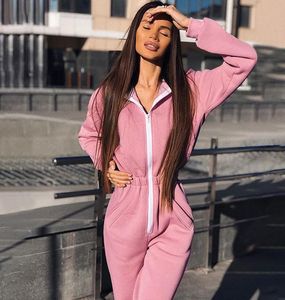 Pink Casual Long Sleeve Long Jumpsuits Rompers Women Zipper Fitness Winter Hood Jumpsuit Autumn Outfits New 2104223572528