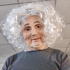 Party Supplies Halloween Realistic Old Lady Mask med Wig Fancy Dress Head Cover White-Haired Man Latex Moverble Mouth