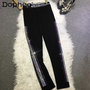 Drilling Diamond Line Stretch Loose Trouser Women Leggings with An Elasticated Waist Inner Casual Black Pants Autumn Fashion 240516