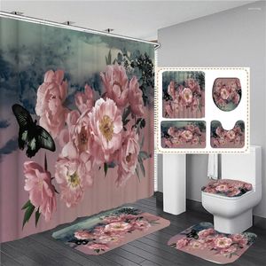Shower Curtains Flowers Curtain 3D Print Bathroom Waterproof Anti-slip Plants Bath Mat Set Decor Flower