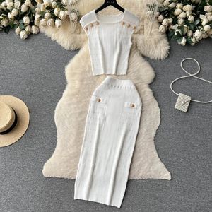 Malha branca verão mulheres sólidas 2 botões botões colheita tanques top slit midi saia longa conjunto bodycon festy sexy elegante roupa 240518