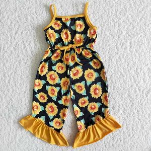 Jumpsuits High quality sleeveless baby grille jumpsuit with sunflower print and pleated design childrens jumpsuit with bow Y240520MICQ