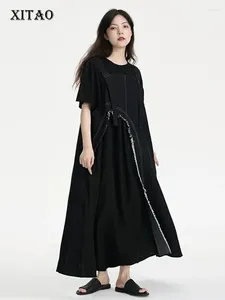 Casual klänningar xitao svart oregelbunden denim rem klänning kvinnor personlighet ärmlös lapptäcke skarvningsdesign hem 2024 sommar hqq0787