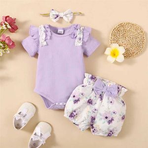 Clothing Sets 0-18Months Baby Girl Clothes Set Purple Short Sleeve Romper + Flowers Shorts with Headband Toddler Girl Summer 3PCS Outfit Y240520D21Z