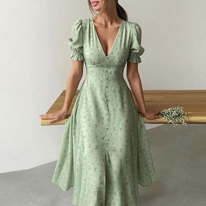 2024 Abbigliamento da donna europeo e americano primavera ed estate Nuovo elegante abito midi a vento a V-Neck Lantern Stamped Dress