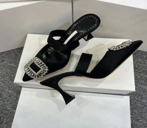 Elegant varumärke Prietasli Sandals Shoes Twotone Satin Slingback Pumpar Crystal Buckle Mules Party Wedding Lady Slippers 1400458