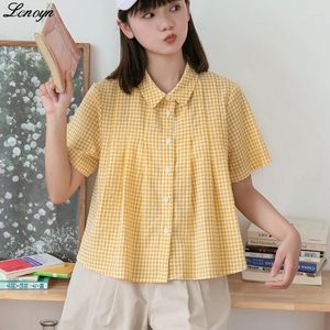 Kadın Polos Lenoyn Japon Tarzı Ekose Gömlek Kadınlar 2024 İlkbahar Yaz Sıradan Kadınlar Bluzlar ve Üstleri Bayanlar Gevşek Kısa Kollu Bluz