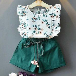 Clothing Sets Kids Girl Clothes 2022 Fashion Sling Flower Bow Baby Girls Shirt + Stripe Shorts 2pcs Suit Children Clothing Sets Y240520TARR