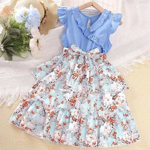 Clothing Sets Dress Kids Girls 7-12 Years Girls Blue Spliced Floral V-Neck Small Flying Sleeve Dress Casual Vacation Children Princess Dress Y2405209Z6C