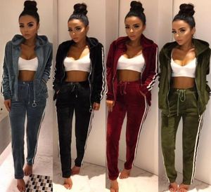 2017 Nya ankomst Kvinnor Tracksuits Strip Spliced ​​Velvet Tracksuit Winter Two Piece Set Top and Pants Full Sleeve Casual Set Velour9469051