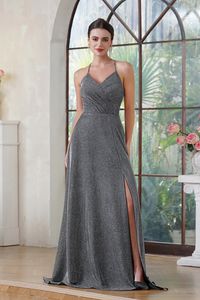 Elegant Silver Bridesmaid Dress Halter Shiny Silk Long Prom Dress V-Neck Pleated Side Slit Party Evening Gowns With Pocket BM3218