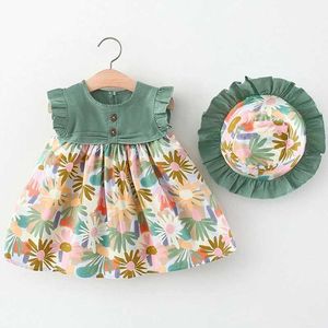 Flickans klänningar 2 -stycken Set Summer Preschool Dress Girl Korean Fashion Flower Sleeveless Beach Princess Dress+Hat Baby Clothing Set BC140 D240520