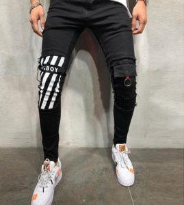 Męska fajna marka ołówka dżinsy chude rozerwane zniszczone rozciągnięte szczupłe spodnie chmielowe z otworami dla mężczyzn drukowane dżinsy T2005270248