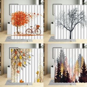 Shower Curtains Autumn Tree Bicycle Fallen Leaves Scenery Curtain Winter Forest Branch Leaf Watercolors Art Home Decor Bathroom