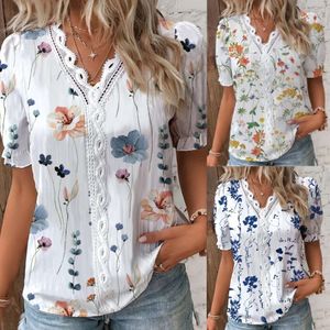 2024 Summer V-Neck Lace Panel Printed Shirt Women's Wear F52028