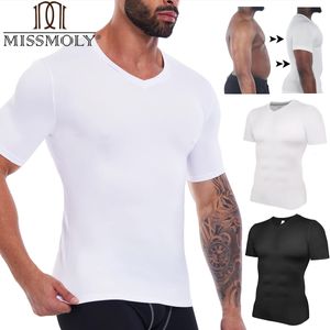 Mens Body Shaper Waist Trainer Compression Shirts V-Neck Short Sleeved Slimming Undershirt Workout Abs Abdomen Tight Corset Tops 240508