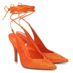 Style 2024 Lady oryginalne skórę sandały o wysokim obcasie o wysokości 10 cm spiczaste palce koronkowe satynowe letnie buty impreza wiązana pigułka diamentowa Si 3FC5