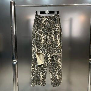 Women's Pants 2024 Autumn Collection Leopard Vintage Ripped Holes Slim Long Women Casual Trousers GL240