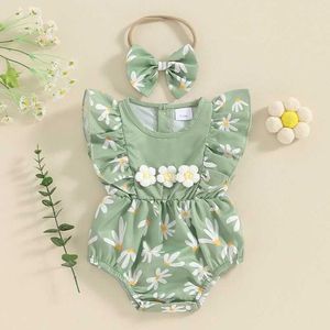 Jumpsuits Summer Infant Toddler Baby Girls Fly Sleeve Daisy Print Ruffles Romper Sunsuit Jumpsuit Headband For Newborn Casual Clothes Y240520DKLU