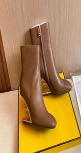 Krótkie buty na obcasie buty kostki designerskie buty rzeźbione metalowe boczne suwakowy stóp do boków brązowych cielęcych skóry z łydki 6531088